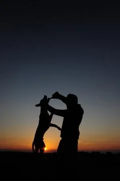 Man with stick is training and educating of the dog. Young man is playing wit Stock Photos