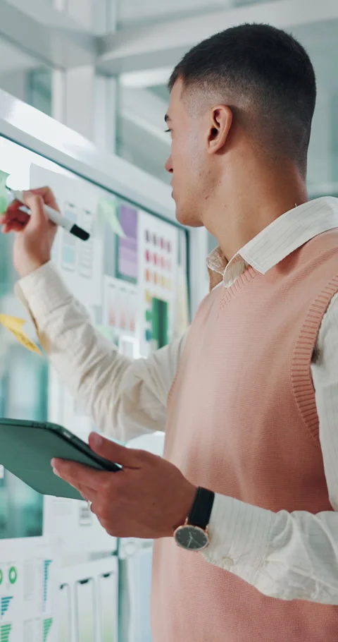 Man, sticky note and writing on glass with tablet for research, ux design and Stock Footage 319733621