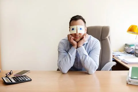 Man, sticky notes and sleeping in office, exhausted and professional Stock Photos