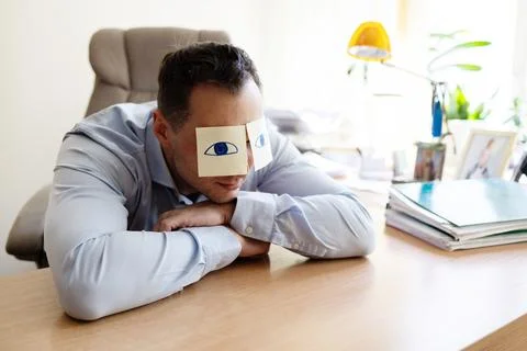 Man, sticky notes and sleeping in office, exhausted and professional Stock Photos
