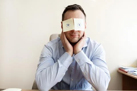 Man, sticky notes and sleeping in office, exhausted and professional Stock Photos