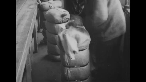 Man stitching the ends and stenciling the bales - 1914-1918 Stock Footage 83700583