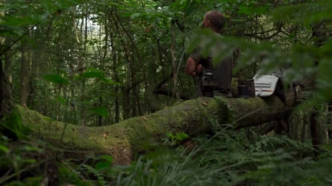 A man stood beside a pot of coffee on a log in a woodland Vídeo Stock 256661201