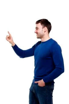 Man stood side on pointing forwards Stock Photos