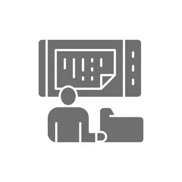 Man stores data in a phone, online storage, mobile database grey icon. Stock Illustration