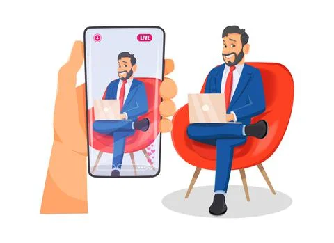 Man streaming or stream a live video from smartphone. Broadcast live video Stock Illustration