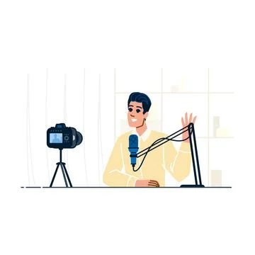 Man streaming podcast content creating online video Illustrazione stock