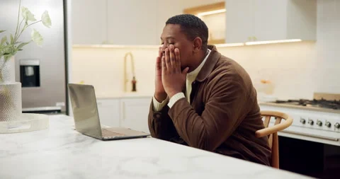 Man, stress and remote work in house with laptop, financial management issue and Stock Footage 337547337