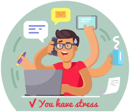 Man in stress doing simultaneously many tasks. Male employee trying to deal with Ilustración de archivo