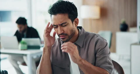 Man, stress or headache in office with computer, marketing crisis or fatigue Stock Footage 329392068