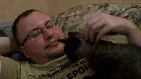 Man stroking and playing with a black cat Stock Footage 71323380