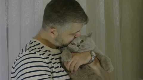 Man stroking his cat and talk with it. Close-up of cat's happy face. 库存影片 143978004