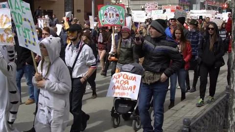A man with a stroller on strike. Baby in the carriage in the demonstration. Stock Footage