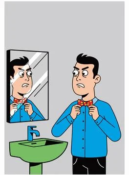 Man struggles with bow tie in mirror Illustration