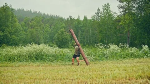A Man Struggles to Carry a Large Log Across a Grassy Field Near a Forest - Video stock 330986690