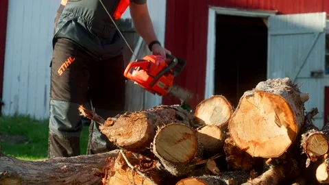 Man Struggling to Operate Chainsaw Over Pile of Logs Stock Footage 323080165