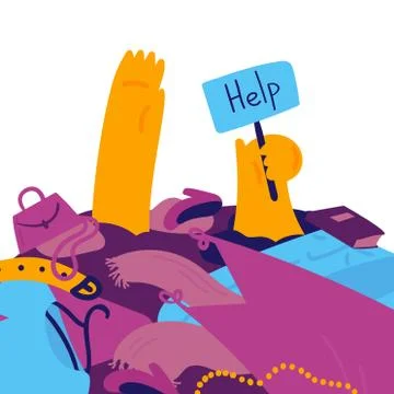 Man is stuck in a bunch of clothes with help sign Stock Illustration