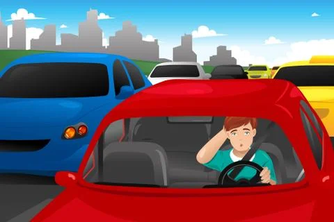 Man stuck in traffic Stock Illustration