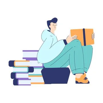 Man Student Character Sit with Book Engaged in Education and Study Vector Stock Illustration