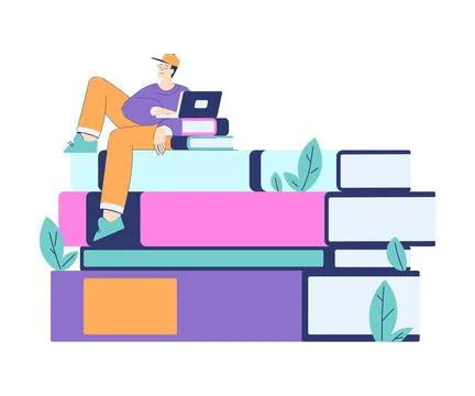 Man Student Character Sit on Book with Laptop Engaged in Online Education and Stock Illustration