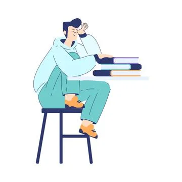 Man Student Character Sit at Table with Book Engaged in Education and Study Illustrazione stock