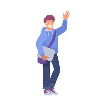 Man Student Character with Tablet Stand Waving Hand Vector Illustration Stock Illustration