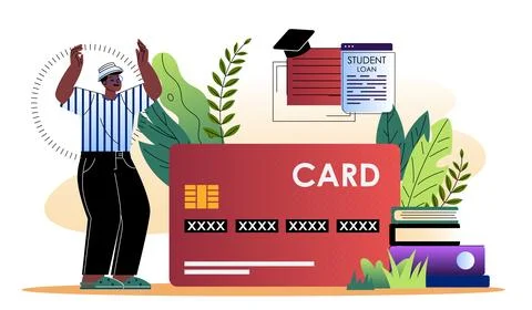 Man with student debt. Young guy holding bank card near stack of books Stock Illustration
