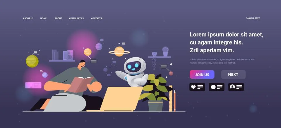 Man student with robot using digital webinars on laptop and reading book Stock Illustration