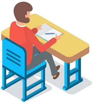 Man student sitting at desk back view. Classroom student sitting at table and Stock Illustration