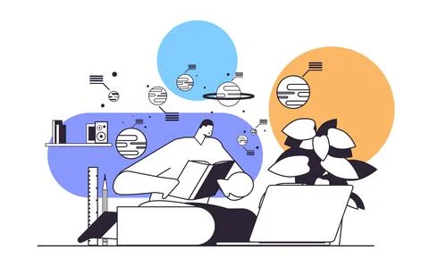 Man student using digital webinars on laptop and reading book education or Stock Illustration