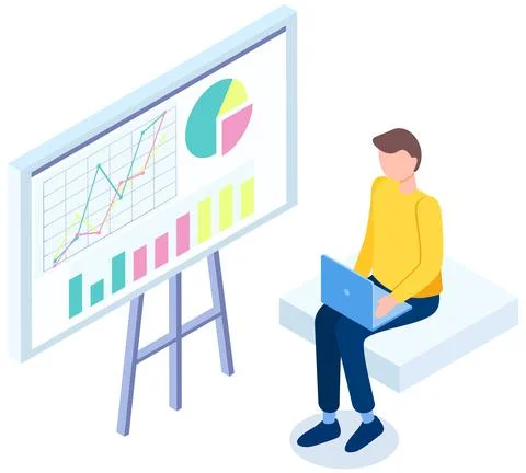 Man studies chart growth. Data analysis on banner. Guy with laptop looks at Stock Illustration