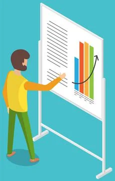 Man studies demand indicators on presentation board with charts and graphs Stock Illustration