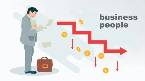A man studies papers standing next to a graph going down a flat style illustr Stock Illustration