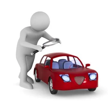 Man studies red car on white background. Isolated 3d illustration Stock Illustration