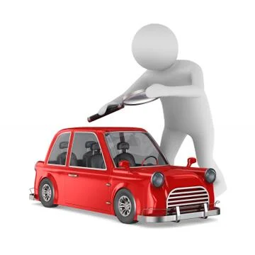 Man studies red car on white background. Isolated 3d illustration Stock Illustration