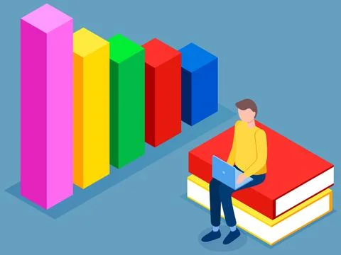 Man studies statistics. Data analysis on diagram. Guy work with laptop sitting Stock Illustration