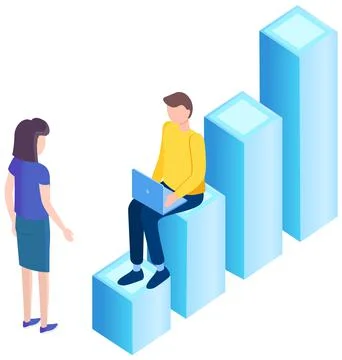 Man studies statistics. Data analysis on diagram. Guy works with laptop sitting 스톡 일러스트