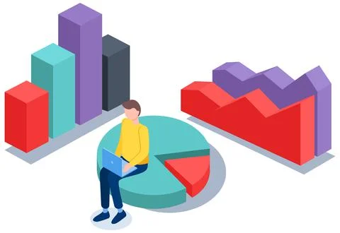 Man studies statistics. Data analysis on graph and chart. Guy work with laptop Stock Illustration