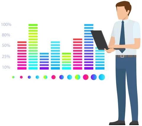 Man studies statistics on presentation. Male character while working or studying Illustrazione stock