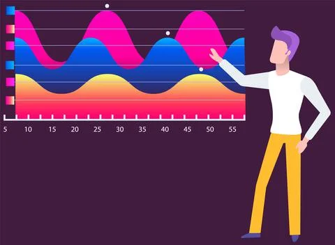 Man studies statistics on presentation. Male character while working or studying Illustrazione stock