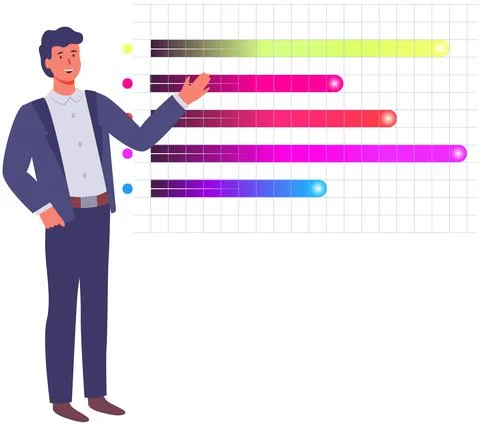 Man studies statistics on presentation. Male character while working or studying イラスト素材