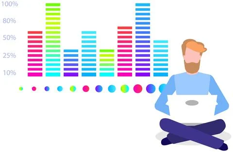 Man studies statistics on presentation. Male character while working or studying Illustrazione stock