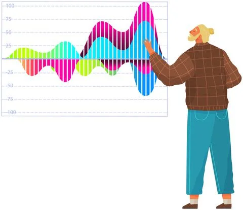 Man studies statistics on presentation. Male character while working or studying 스톡 일러스트