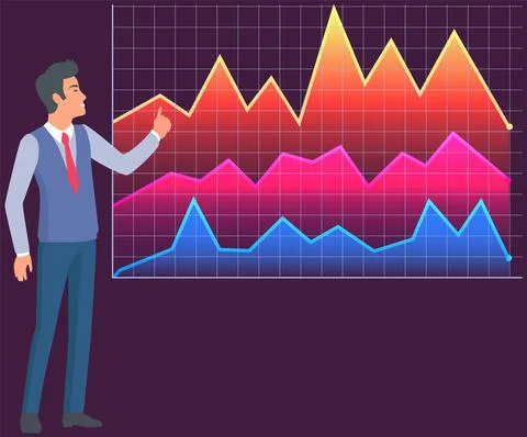 Man studies statistics on presentation. Male character while working or studying 스톡 일러스트