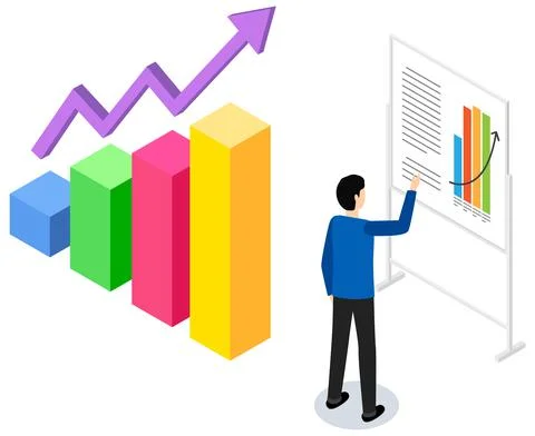 Man studies statistics shown on bar chart. Analyze diagrams concept. Guy working Stock Illustration