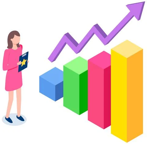 Man studies statistics shown on bar chart. Analyze diagrams concept. Guy working Stock Illustration