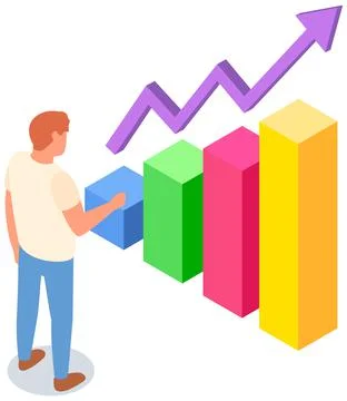 Man studies statistics shown on bar chart. Analyze diagrams concept. Guy working Stock Illustration