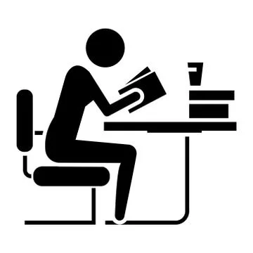 Man studing - reading book in library icon, vector illustration, black sign on Stock Illustration