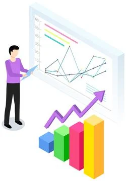Man study complex diagram on background. Indicators shown on statictical poster 스톡 일러스트