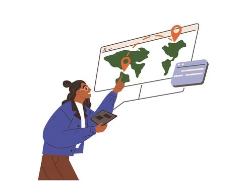 Man studying destination map with markers of buyers for worldwide delivery... Illustrazione stock